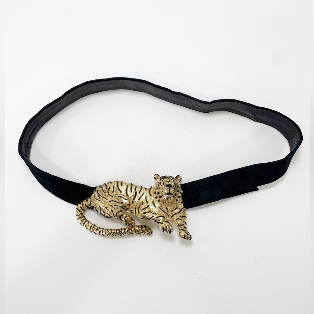 Mimi Di 1987 Gold Tiger Belt Black Leather Suede Vintage Adjustable 31"